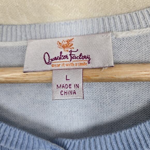 Quacker Factory Cardigan Sweater sz L Blue Multi Floral 100% Cotton Rhinestones - Picture 9 of 13